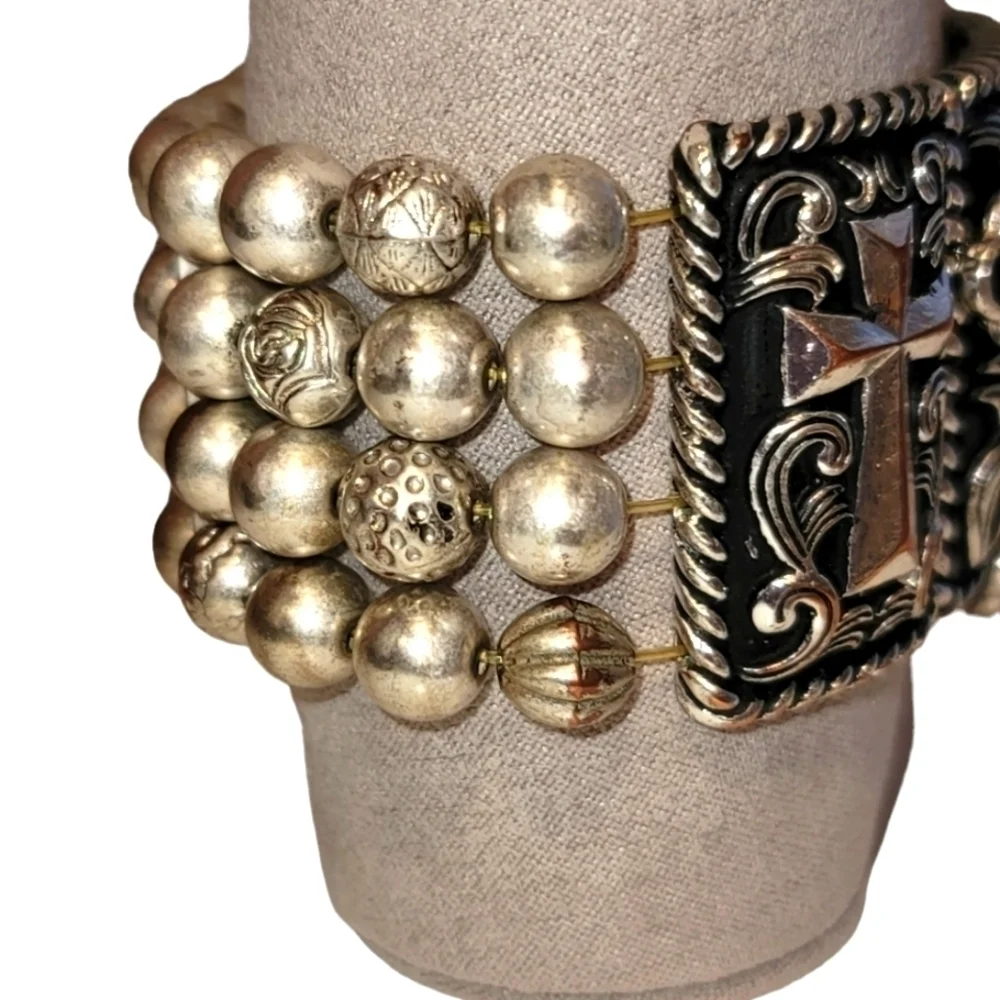 Cross Beaded Pearl Bracelet with Elastic Bands